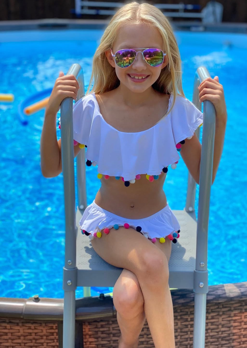 White Draped Bikini with Multicolor Pom Poms