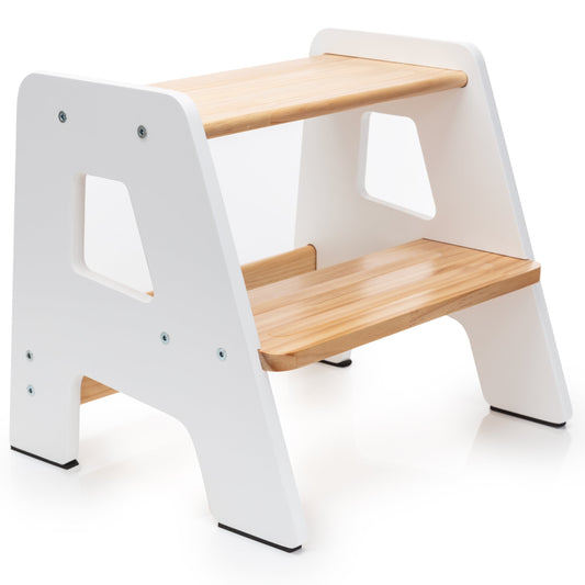 Two-step stool with wooden platforms on a white background