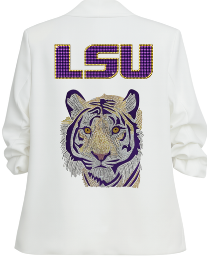Louisiana State University Purple Tiger White Ruched Sleeve Blazer
