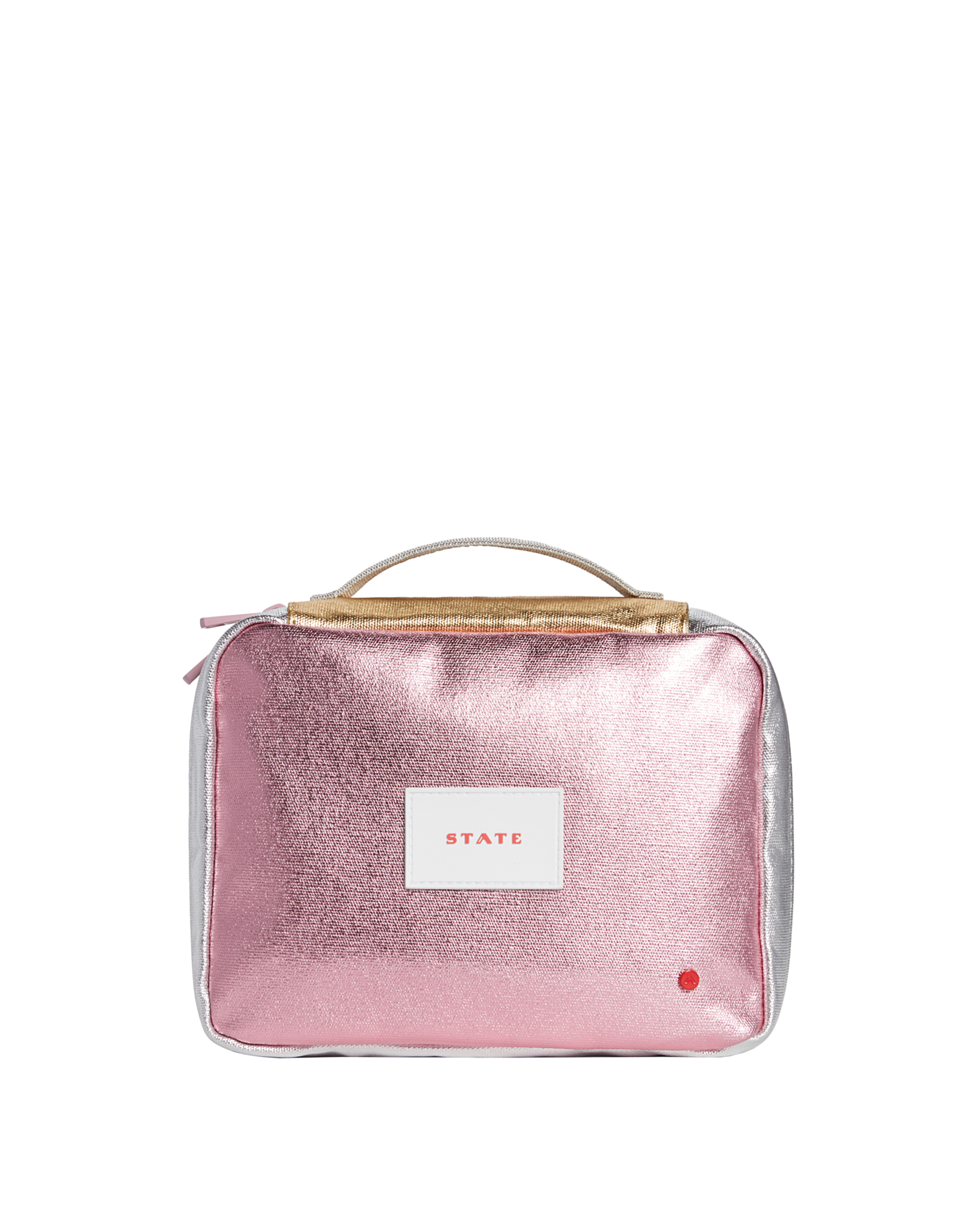 Pink metallic pouch with a visible brand label on a white background