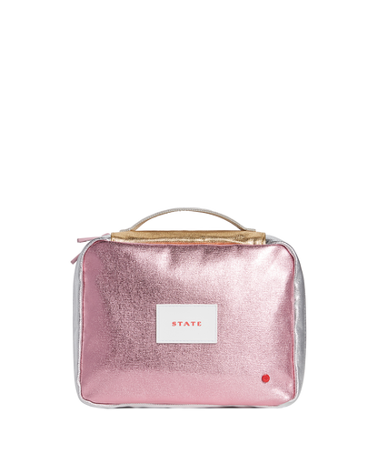 Pink metallic pouch with a visible brand label on a white background