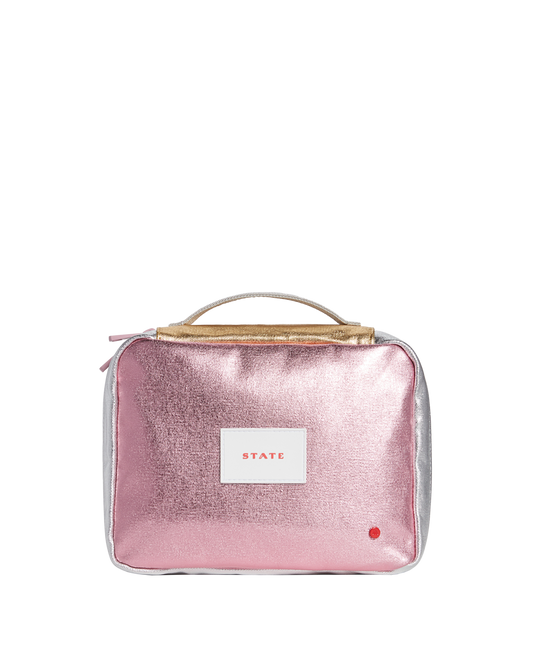 Pink metallic pouch with a visible brand label on a white background