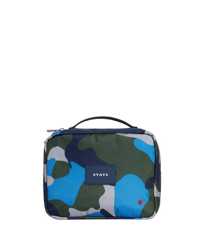 Camouflage-patterned pouch with a visible brand label on a white background