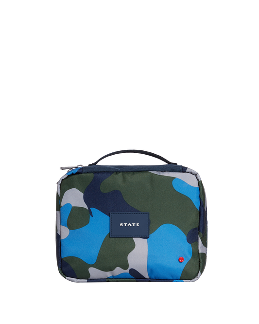 Camouflage-patterned pouch with a visible brand label on a white background