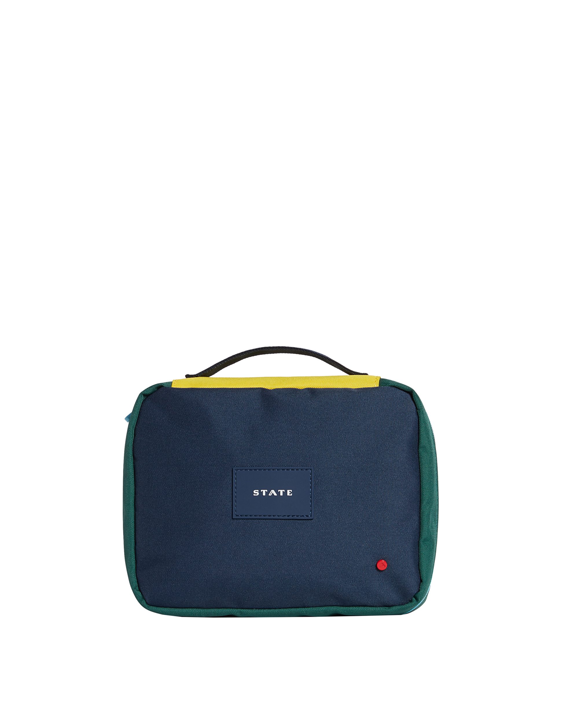 Navy blue travel pouch with yellow accents on a white background