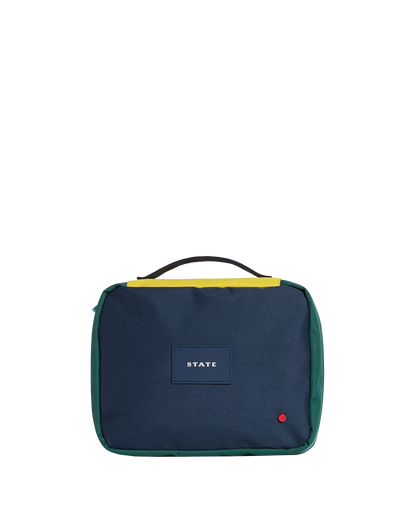 Navy blue travel pouch with yellow accents on a white background