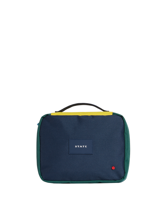 Navy blue travel pouch with yellow accents on a white background