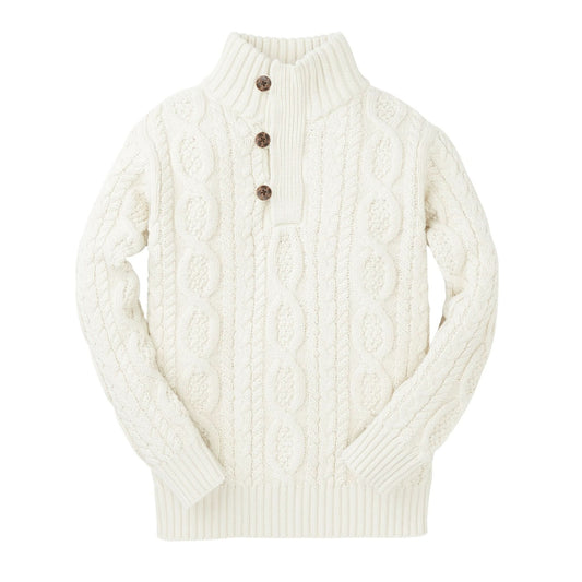 Organic Mock Neck Cable Sweater with Buttons