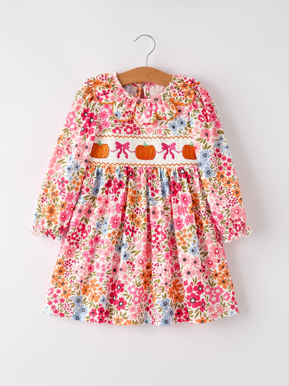 Fall Halloween & Thanksgiving Pumpkin Bow Smock Embroidered Floral Dress