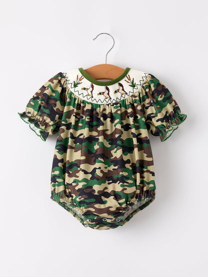 Camouflage Duck Smocking Embroidery Girls Romper