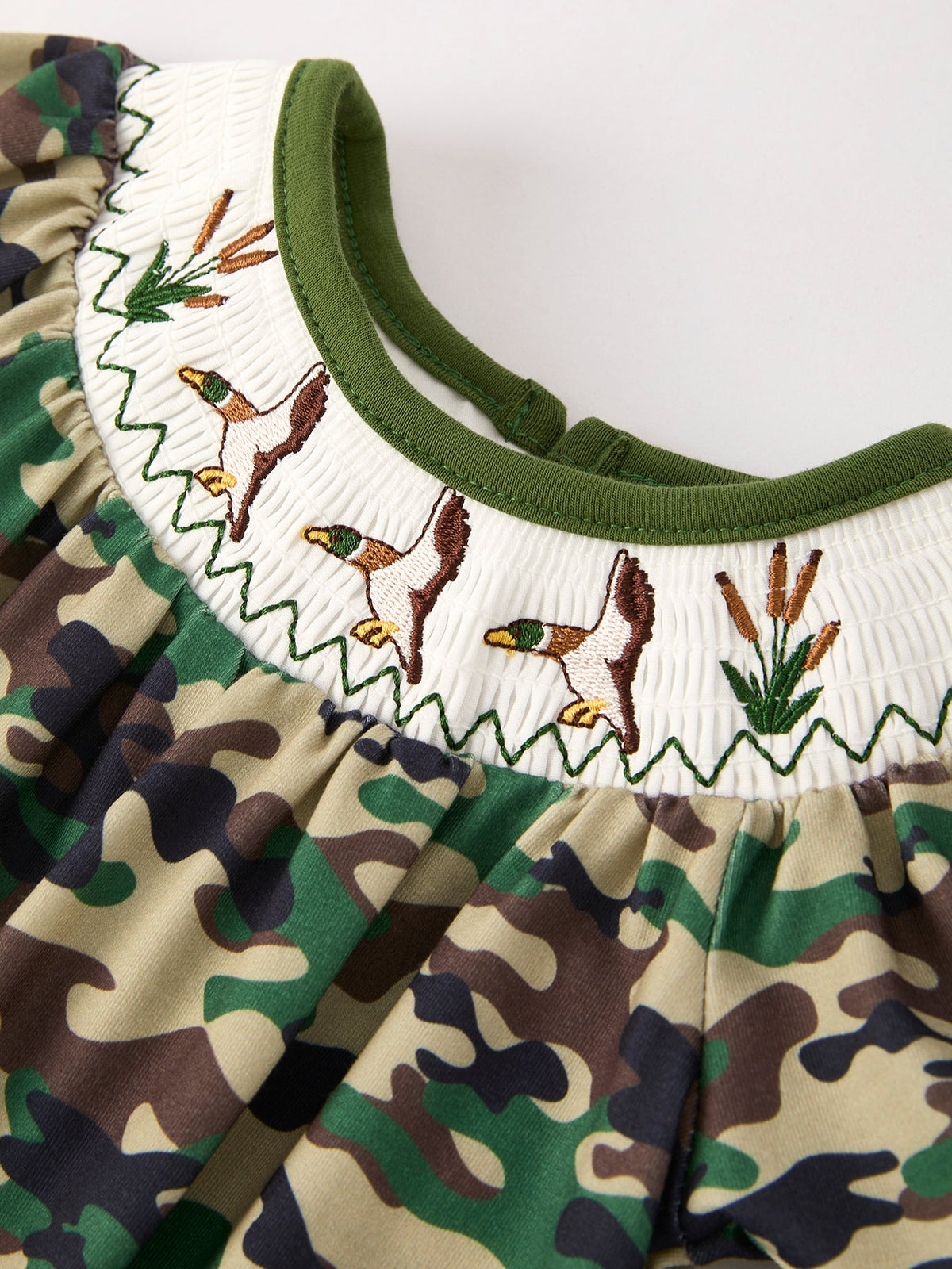 Camouflage Duck Smocking Embroidery Girls Romper