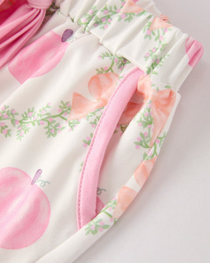 Fall Halloween Pumpkin Floral Print Long Sleeve Top Shorts Girls Pajama Set