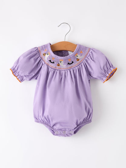 Purple baby romper with embroidered details on a white background