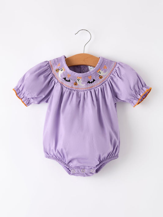 Purple baby romper with embroidered details on a white background