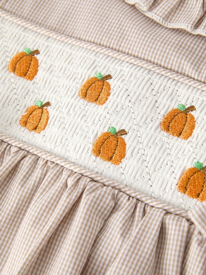 Fall Pumpkin Embroidery Smock Plaid Girls Dress