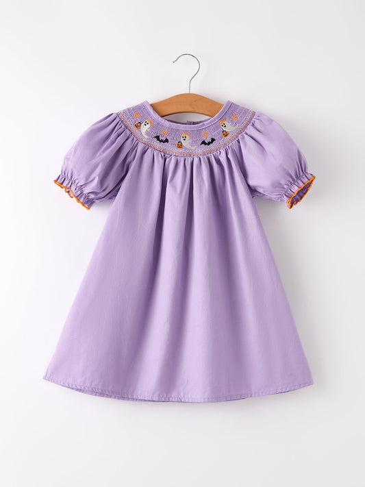 Purple Halloween Smock Embroidery Baby Girl Dress