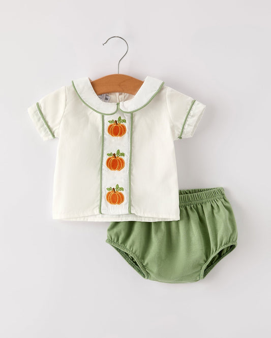 Fall Halloween & Thanksgiving Applique Plaid Boys Bloomers Romper Set