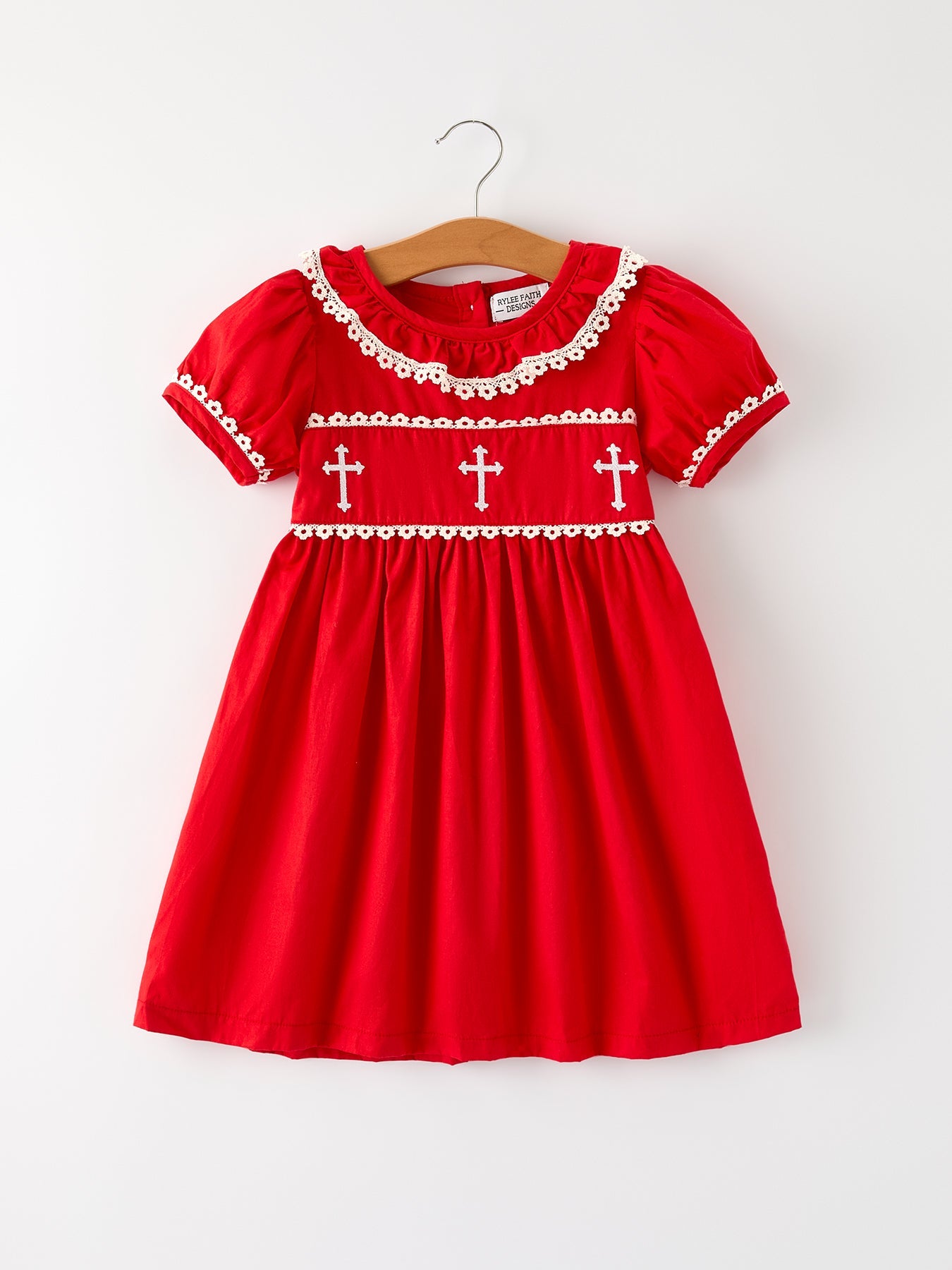 Red Christmas Girls Dress: Cross Embroidery with Lace Trim