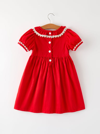 Red Christmas Girls Dress: Cross Embroidery with Lace Trim