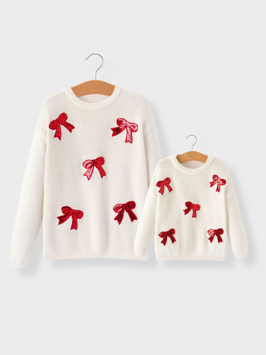 Winter Christmas Girls Bow Sequins Pullover Sweater