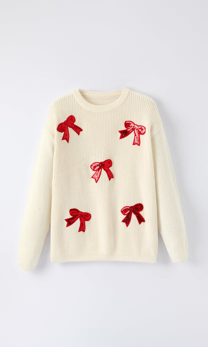 Winter Christmas Girls Bow Sequins Pullover Sweater