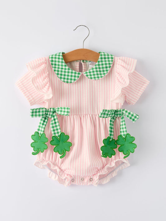 St. Patrick's Day Shamrock Striped Plaid Baby Girl Romper