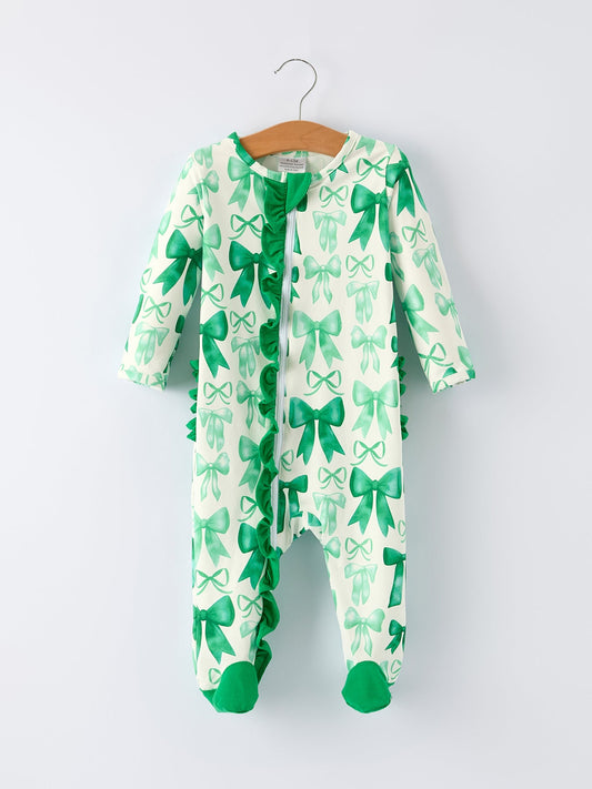 St. Patrick's Day Bow Print  Long Sleeves Baby Girls Romper