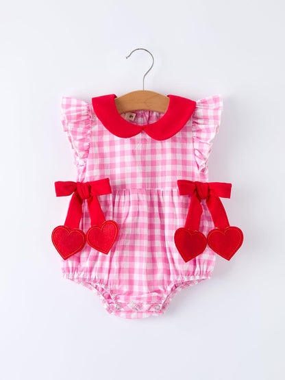 Valentine Pink Plaid Bubble Romper with Red Hearts and Bows