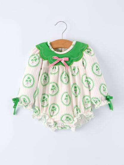 St. Patrick's Day Shamrock Striped Long Sleeve Baby Girl Romper