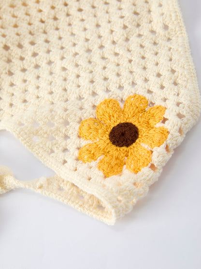 Summer Crochet Sunflower Girl Dress with Headscarf