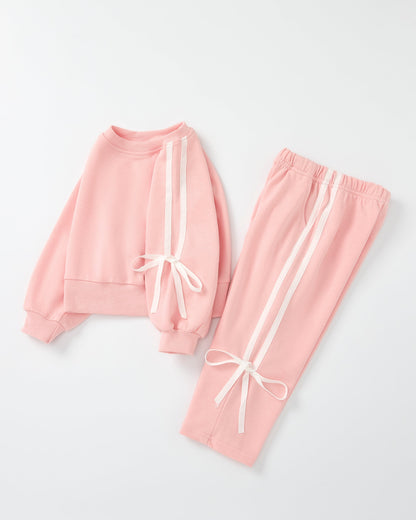 Girls Pink Bow Trim Sweatshirt and Pants Set