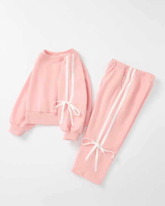 Girls Pink Bow Trim Sweatshirt and Pants Set