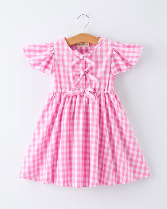 Spring Plaid Girls Dress Bow Flutter Sleeve