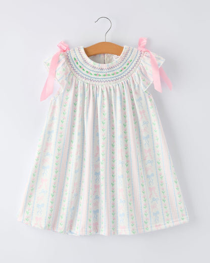 Girl Bow Stripe Smocked Dress