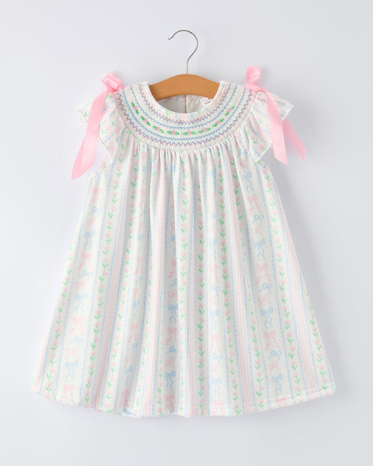 Girl Bow Stripe Smocked Dress