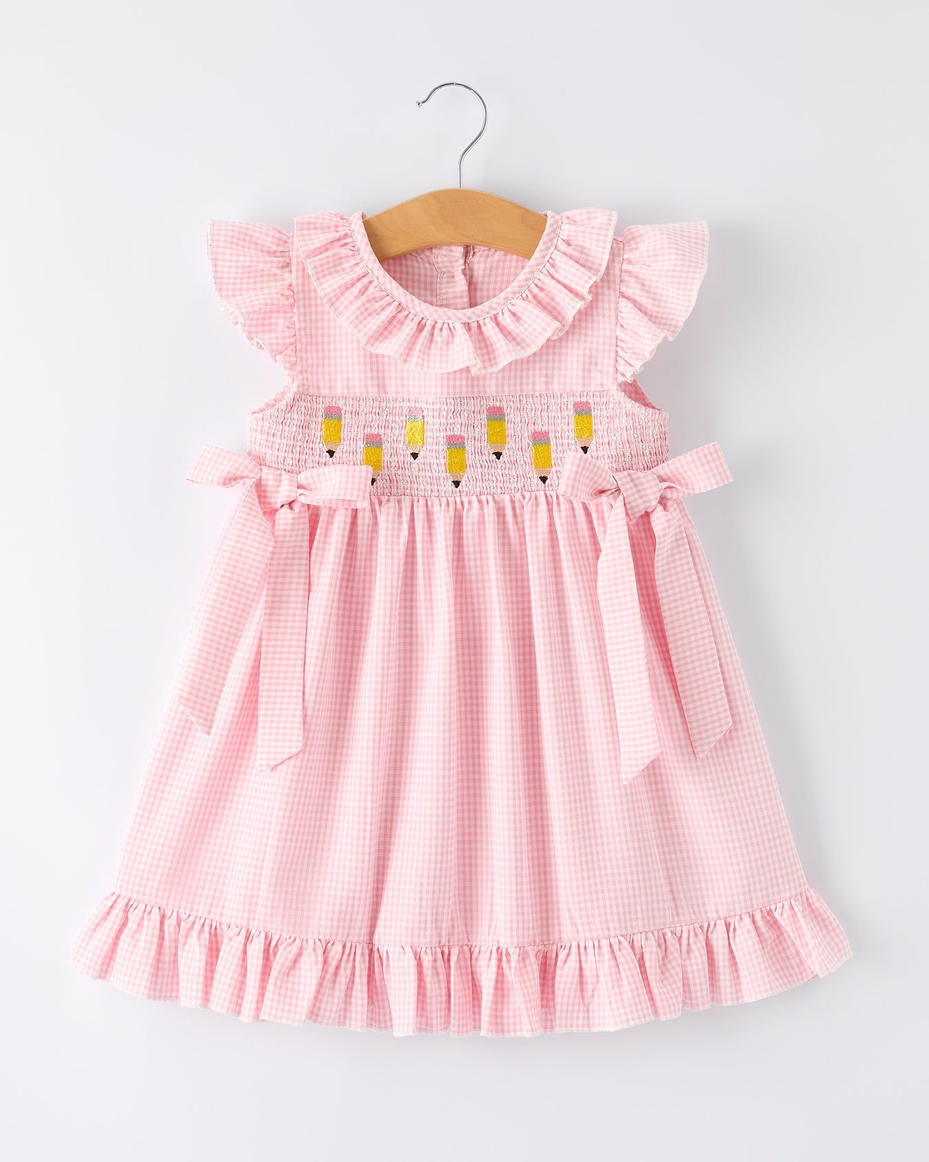 Back to School Pencil Plaid Girls Smocked Ruffle Collar Dress