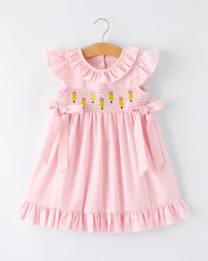 Back to School Pencil Plaid Girls Smocked Ruffle Collar Dress