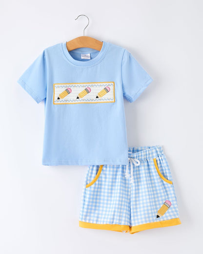 Back to School Pencil Boys Set Applique Plaid Shorts