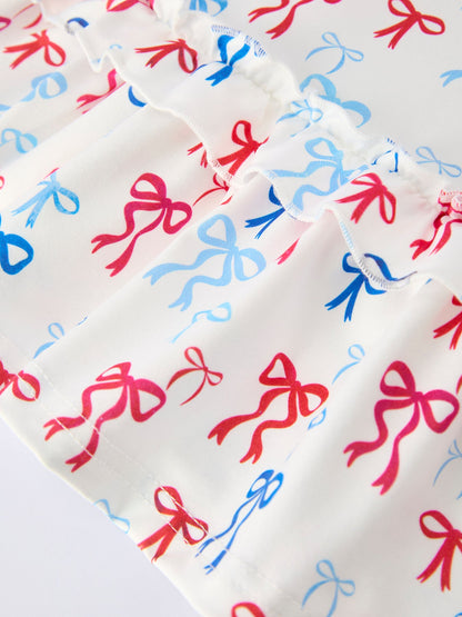 4th of july Bow Print Girls Dress One Shoulder Ruffle