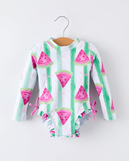 Summer Watermelon Print Girl Long Sleeve Ruffle One Piece Swimsuit