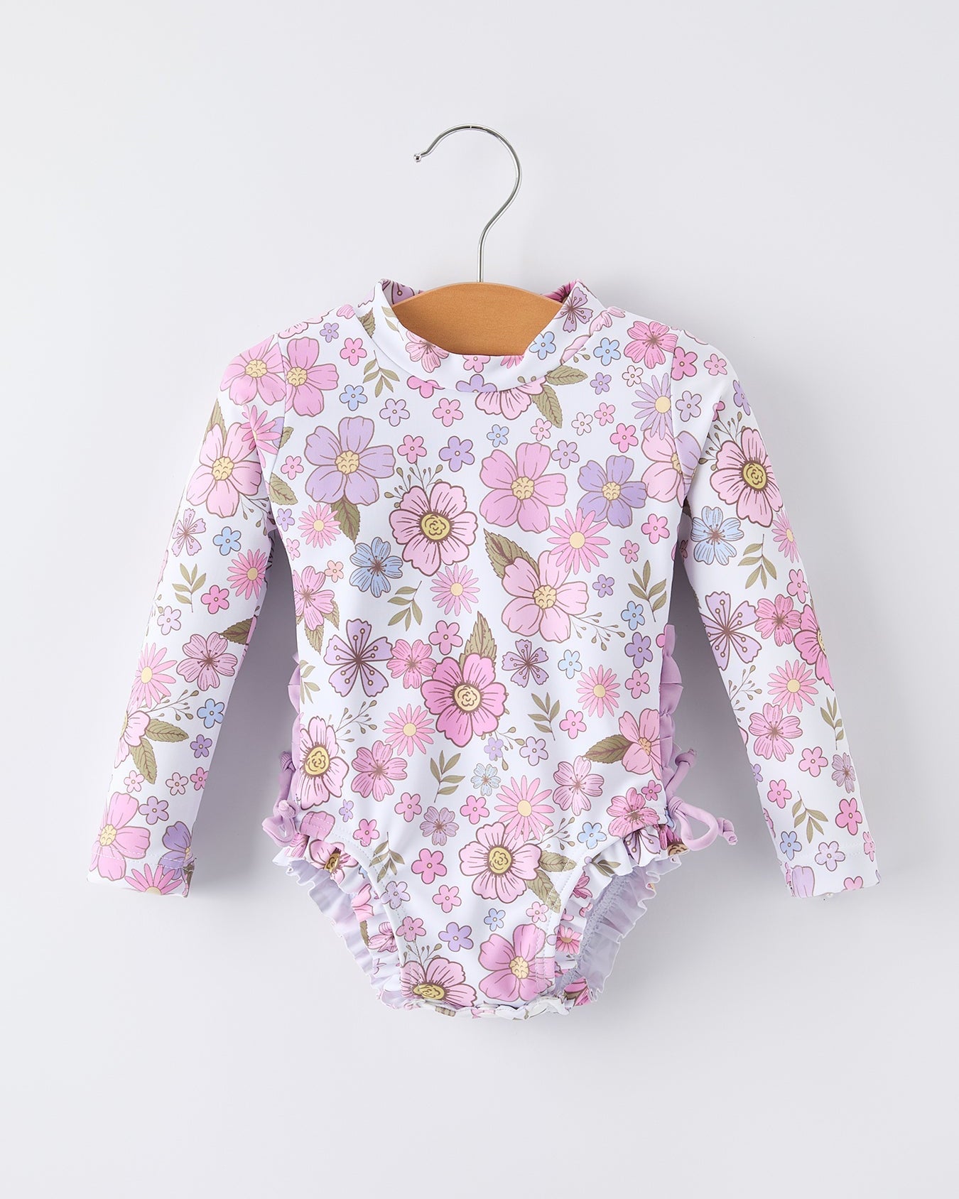 Summer Floral Print Girl Long Sleeve Ruffle One Piece Swimsuit