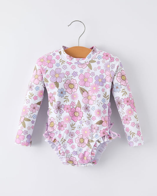 Summer Floral Print Girl Long Sleeve Ruffle One Piece Swimsuit
