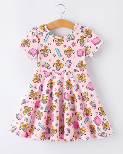Back to School Print Girls Dress Short Sleeve