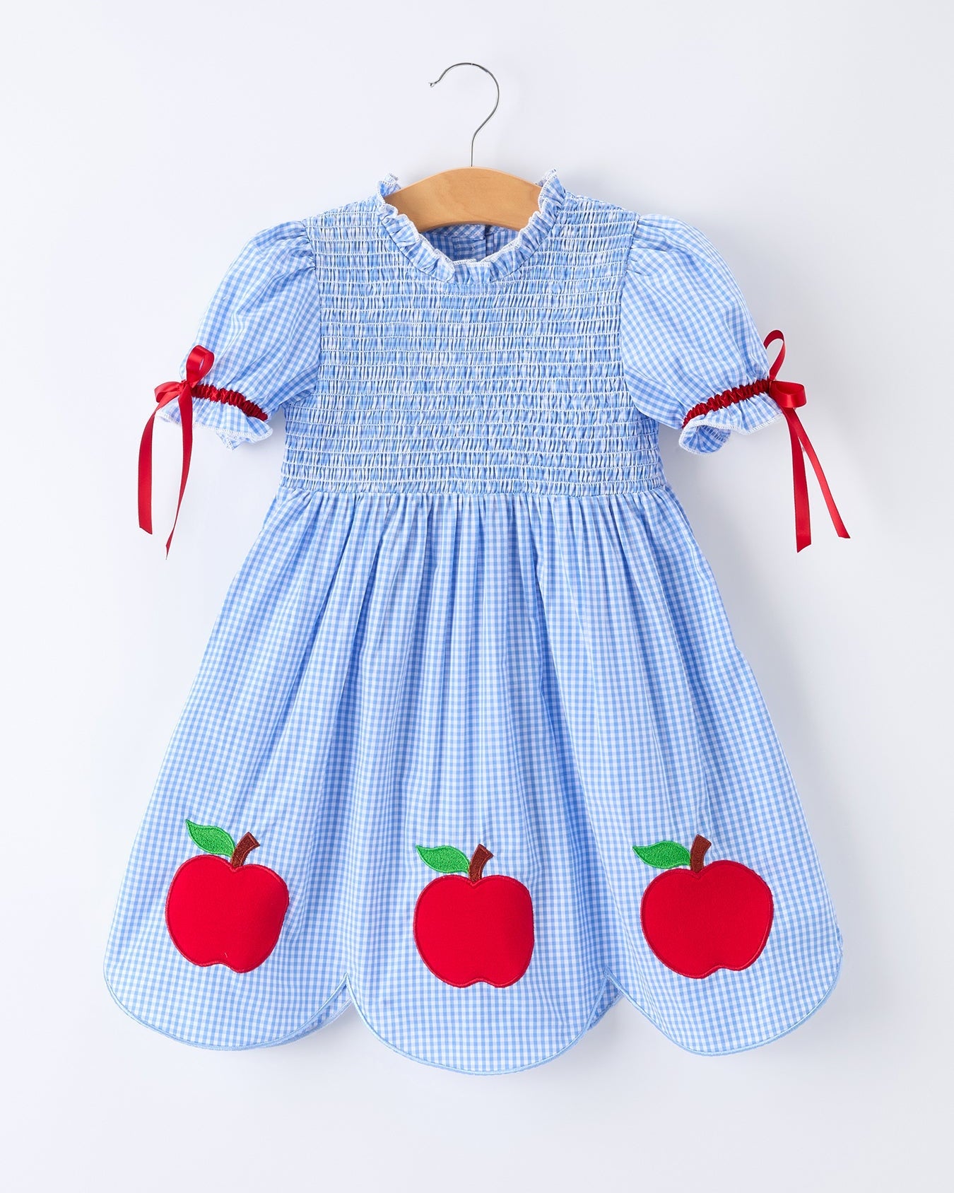 Back To School Apple Applique Plaid Girls Dress Smocked