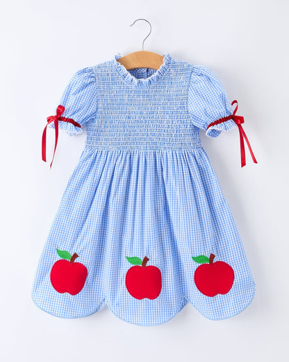 Back To School Apple Applique Plaid Girls Dress Smocked