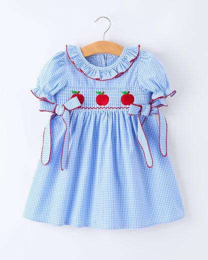 Back To School Apple Plaid Girls Dress Smocked Puff Sleeve Bow