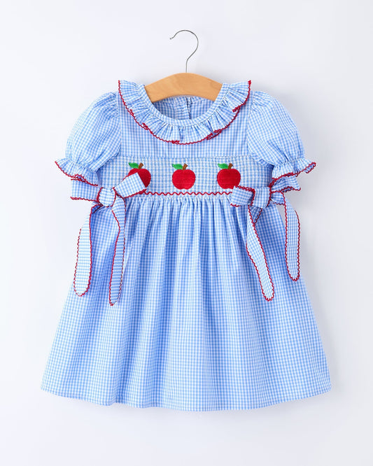 Back To School Apple Plaid Girls Dress Smocked Puff Sleeve Bow