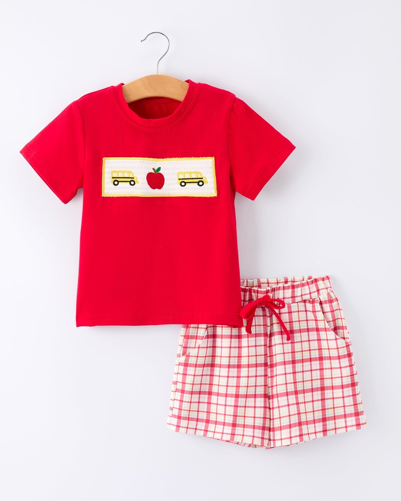 Back To School School Bus Boys Set Red Plaid Shorts