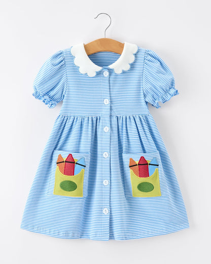 Girls Back To School Pencil Dress Petals Collar Pocket Applique