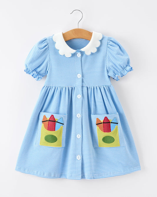 Girls Back To School Pencil Dress Petals Collar Pocket Applique